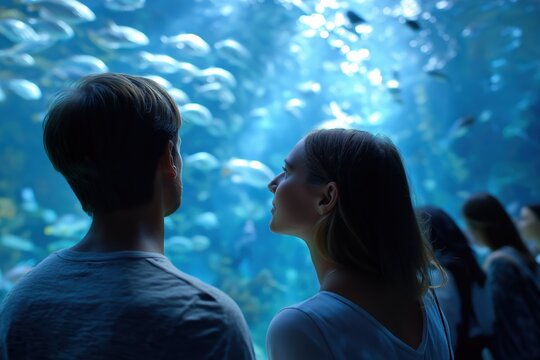 Young caucasian couple observing fish in an aquarium - Powered by Adobe