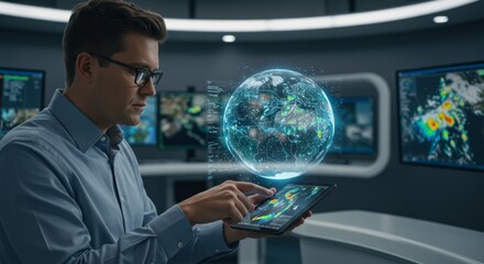 Man in modern control room, using tablet with global weather data. Holographic Earth visible