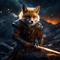 Fox Blacksmith Forging Magical Sword Under Alien Sky