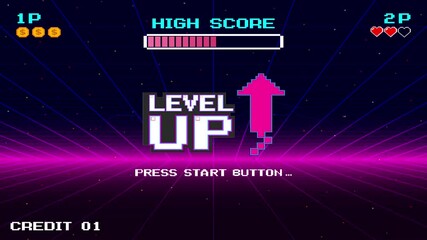 LEVEL UP icon pixel art. 8 bit game. retro game. Retro Futurism Sci-Fi Background. glowing neon grid. and stars from vintage arcade computer games - Powered by Adobe