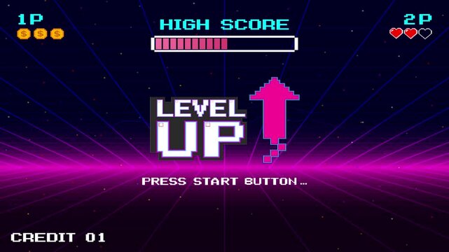 LEVEL UP icon pixel art. 8 bit game. retro game. Retro Futurism Sci-Fi Background. glowing neon grid. and stars from vintage arcade computer games
