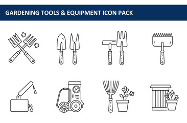 Obraz premium Gardening tools and equipment line icons in a variety of styles. Collection of various tools for landscaping and garden care.