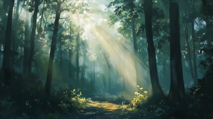 Sun rays breaking through the trees in a forest