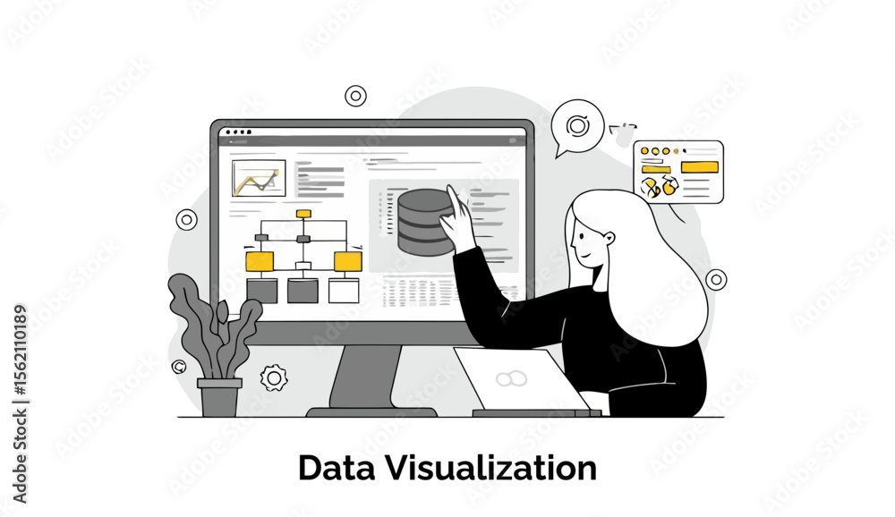 Poster young woman in business casual attire interacting with data visualization software on a computer scr