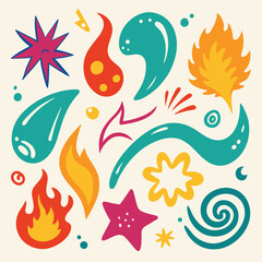 Vibrant Abstract Shapes A Collection of Colorful Fire, Water, and Star Elements