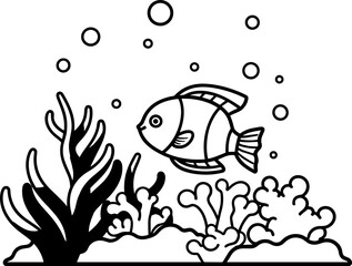 Whimsical Fish Amidst Coral: A Black and White Aquatic Illustration
