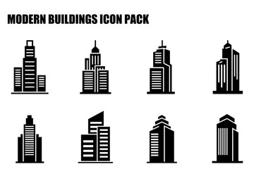Modern building icons in various styles/architectures. Silhouette representations of urban high-rise structures against a white background.
