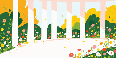 Obraz premium An artistic, vibrant garden scene with colorful flowers and lush greenery, viewed through the elegant archway in a digital illustration style.