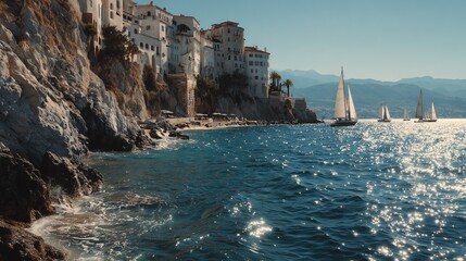 Scenic Mediterranean Coastline With Cliffside Village and Sailboats on Clear Blue Waters