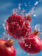 Pomegranates Splashing in Water with Vibrant Seeds Exposed
