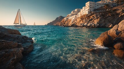 Scenic Coastal Village and Sailboats in a Mediterranean Seaside Landscape