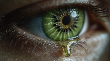 Surreal Portrait of a Weeping Woman with Kiwi-Inspired Iris