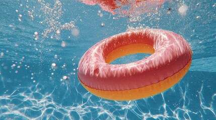 Bright Pink Inflatable Ring Floating in Clear Blue Swimming Pool Water