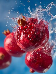 Pomegranates Splashing in Water Against a Blue Background