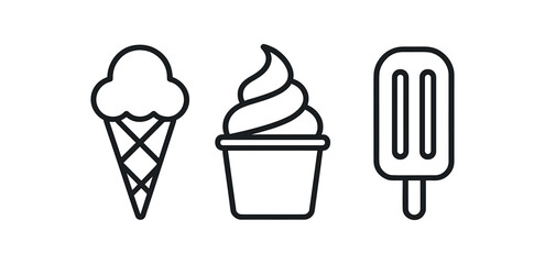 Black outline icons of ice cream, soft serve, and popsicle on gray background vector icon isolated illustration