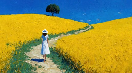 Woman Walking Along Path Through Vibrant Yellow Field Under Blue Sky - Oil Painting
