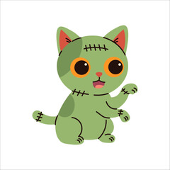 Cute green cat illustration in Frankenstein costume, ideal for Halloween designs, spooky party decor, themed greeting cards, and playful seasonal projects.