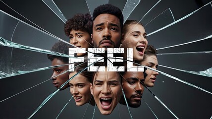 Diverse group of people expressing emotions in a cracked mirror effect  