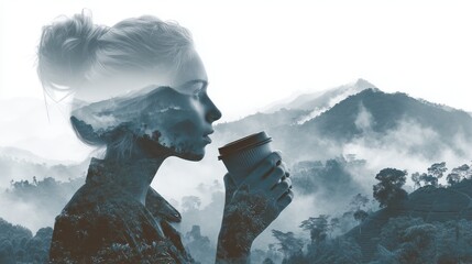 Double Exposure of Woman Drinking Coffee Overlaid with Mountain Landscape