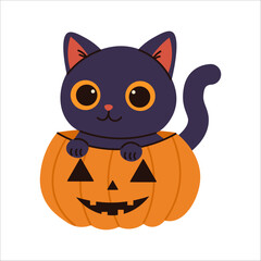 Adorable black cat sitting inside a carved Halloween pumpkin, perfect for seasonal illustrations, party designs, greeting cards, and cute spooky-themed decorations.