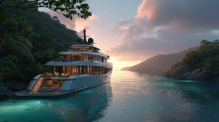 Luxurious Yacht Anchored in Scenic Tropical Paradise at Sunset