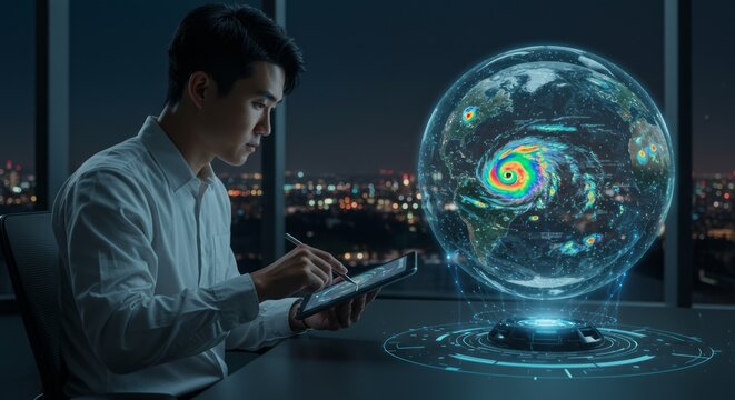Man using tablet, viewing Earth hologram showing weather system. Night skyline background, futuristic tech
