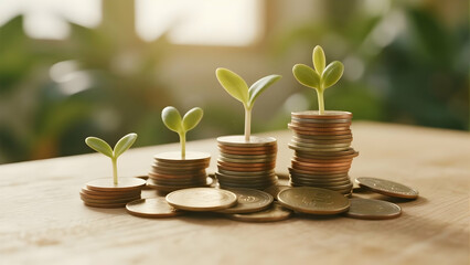 Stacks of Coins with Growing Seedlings Representing Investment Growth, Wealth Building, and Financial Sustainability