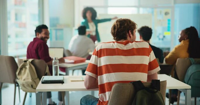 Back, education and throwing paper with students in class for course, lecture or lesson distraction. Bad behavior, learning and study with funny people on school campus for college or university