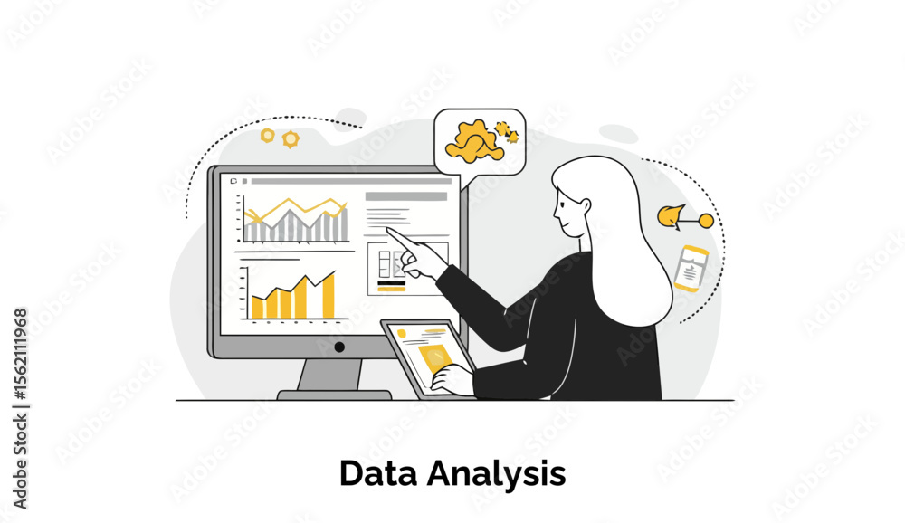 Poster female data analyst reviewing graphs on computer screen and tablet in a professional office setting.