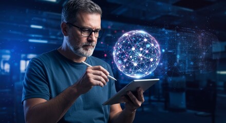 Man with tablet interacts with a glowing digital sphere against an industrial backdrop