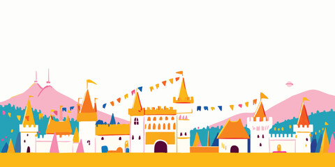Fototapeta premium A vibrantly illustrated fairytale town, complete with a charming castle, festive bunting, and scenic mountains, is presented in a flat, playful design, perfect for children and imaginative projects.