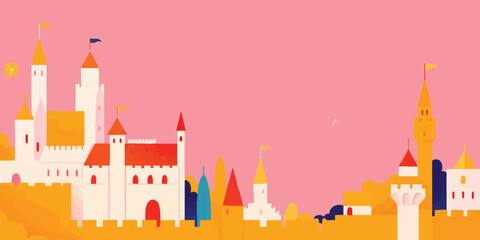 Naklejka premium A vibrant illustration of a fairytale castle, set against a pink backdrop. Depicting storybook charm with various towers, spires, and battlements.