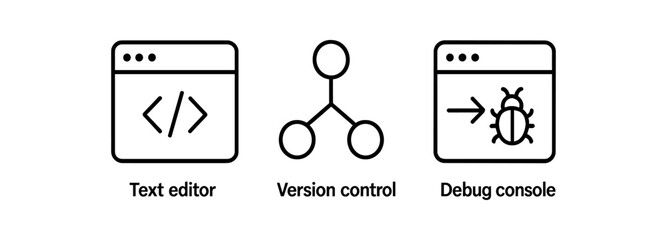 Software development tools icons: text editor, version control, debug console vector icon isolated illustration