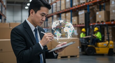 Manager uses a tablet in warehouse with globe projection