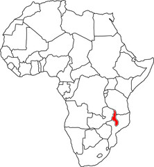 Malawi map, map of the African continent highlighting the country of Malawi

