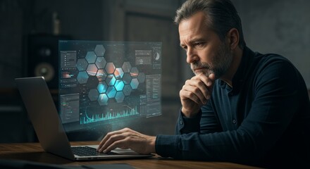 Mature man focused on laptop with holographic data overlay