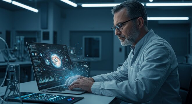 Mature scientist works on laptop in a high-tech lab.  Holographic data overlays the screen - Powered by Adobe