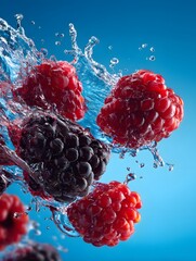 Berries Splashing in Water Against a Blue Background