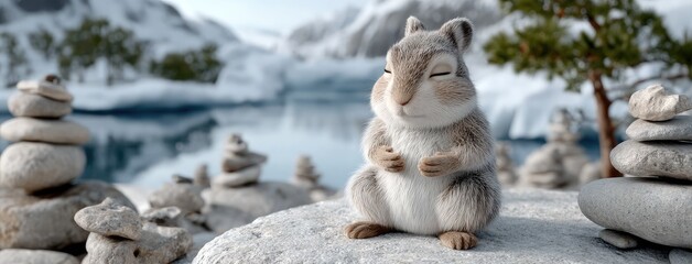 Cute fluffy rabbit sits peacefully on a stone, meditating amid falling snow in a stunning arctic setting featuring mountains and ocean