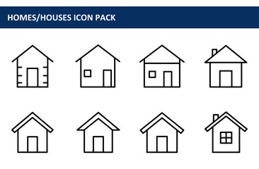 Fototapeta premium Simple line drawings of various house icons in a graphic design style. Collection of house icons for real estate, design or architectural use.