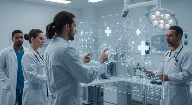 Med team reviews holographic display with health data in bright modern room