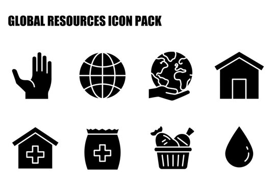 Global resources icon pack for various sectors with diverse applications. Simple, symbolic representations with clear depictions for universal access.