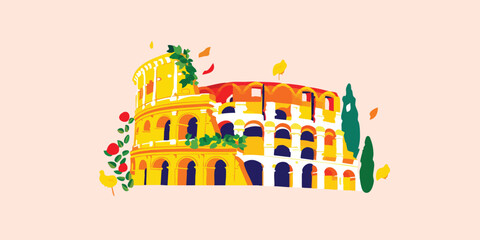 Colosseum illustration, Roman architecture, autumn leaves, Italian landmark, ancient Rome, historical building, travel destination, cultural heritage,  iconic structure, architectural design.