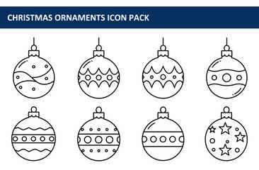 Christmas ornament icons with various designs. Simple line art illustrations of decorative ornaments for a holiday project.