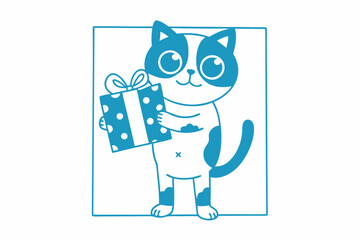Cheerful cartoon cat holds a polka dot gift in a light blue frame