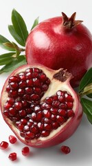 Half of a pomegranate reveals bright red seeds and green leaves on a clean white background, highlighting its juicy texture and color