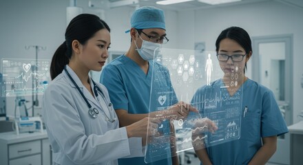 Medical team using futuristic touchscreen in a bright operating room