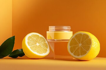 LemonInfused Skincare Cream Jar with Citrus Fruit on a Warm Orange Background