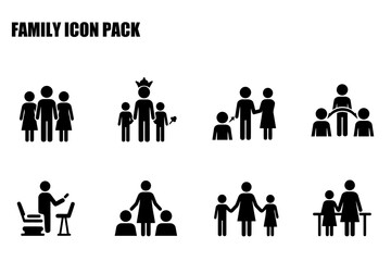 Family icons set in various poses and scenarios. Simple, black silhouettes of families interacting in different situations.