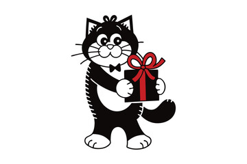 Cartoon black cat wearing a bow tie proudly presents a wrapped gift with a red bow